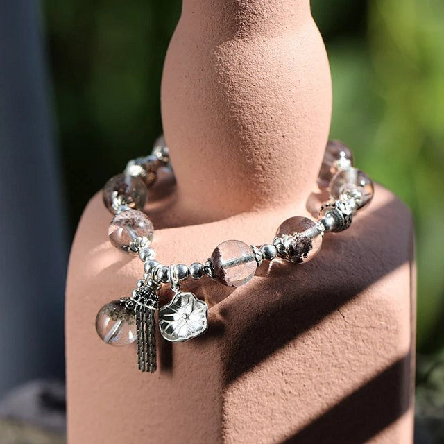 Panya Crystal 925 Silver Series | Green Phantom Quartz Tassel Bracelet with Lotus Leaf