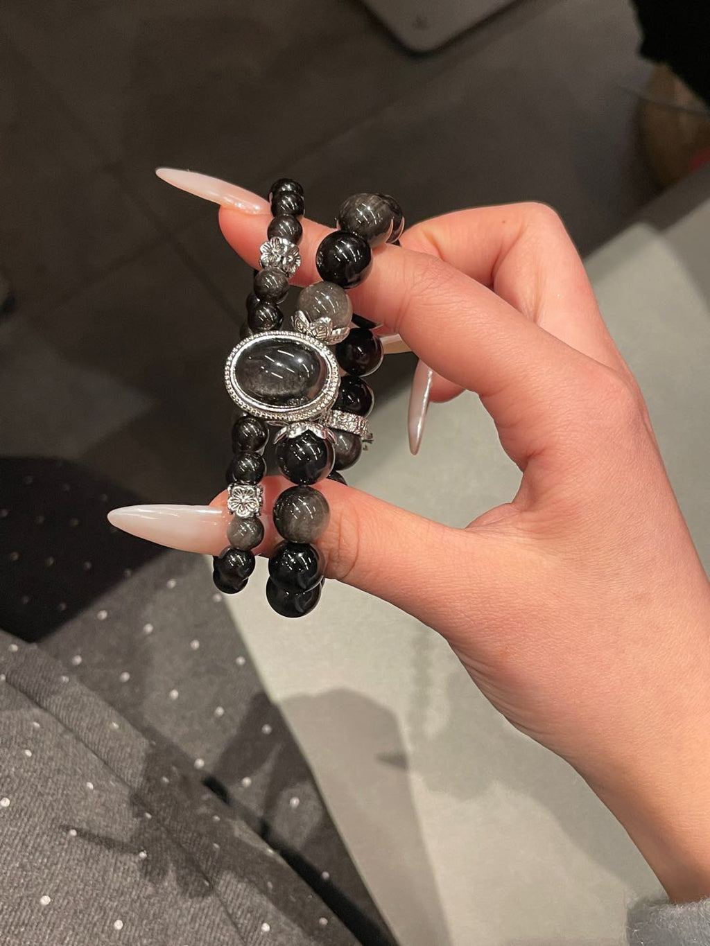 Double-Layer Silver Obsidian Bracelet | 10mm & 6mm Beads