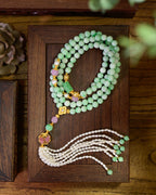 Natural Grade A Jadeite 108-Bead 4-Layer Bracelet Necklace | Green Jade with Lepidolite, Pearl & Detachable Tassel