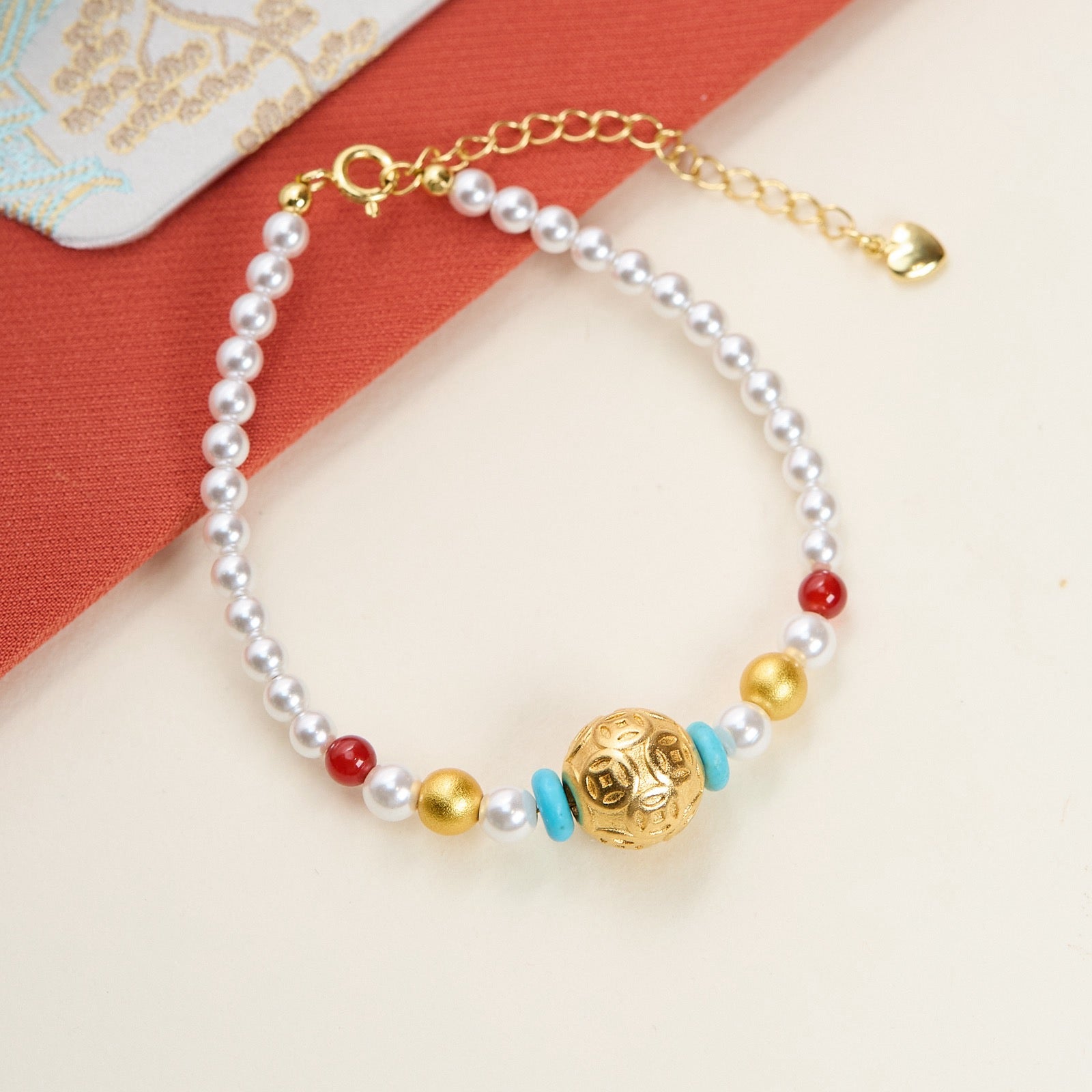 Fortune Coin Bead Series · 4mm Imitation Pearl with Ancient Sand-Gold & Red Agate bracelet/necklace