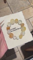 Autumn Vibe Crystal Bracelet | Golden Resin Flower, White Phantom, White Agate, Yellow Tower Quartz, Clear Quartz & White Shell Pearl | 10–18mm