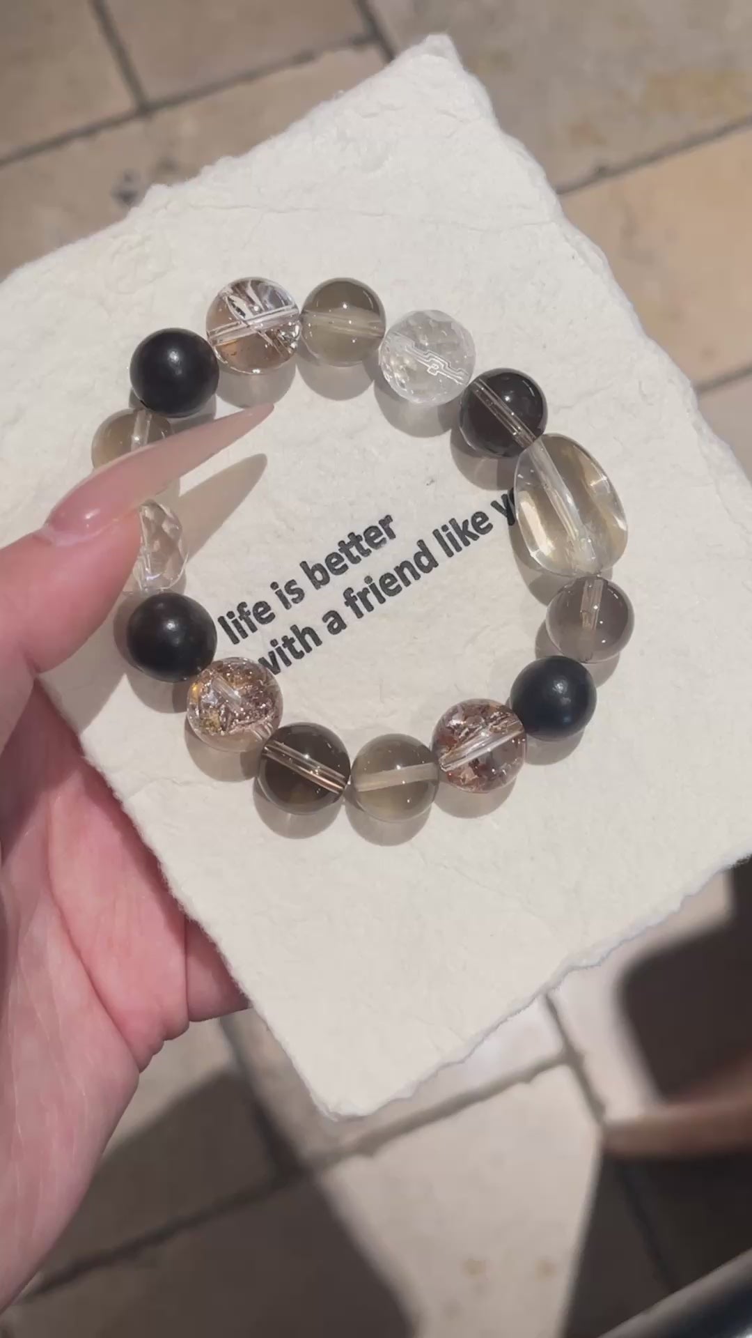 Smoky Quartz, Agarwood, Clear Quartz & Gold-Foil Resin Flower Crystal Bracelet | 12–13mm